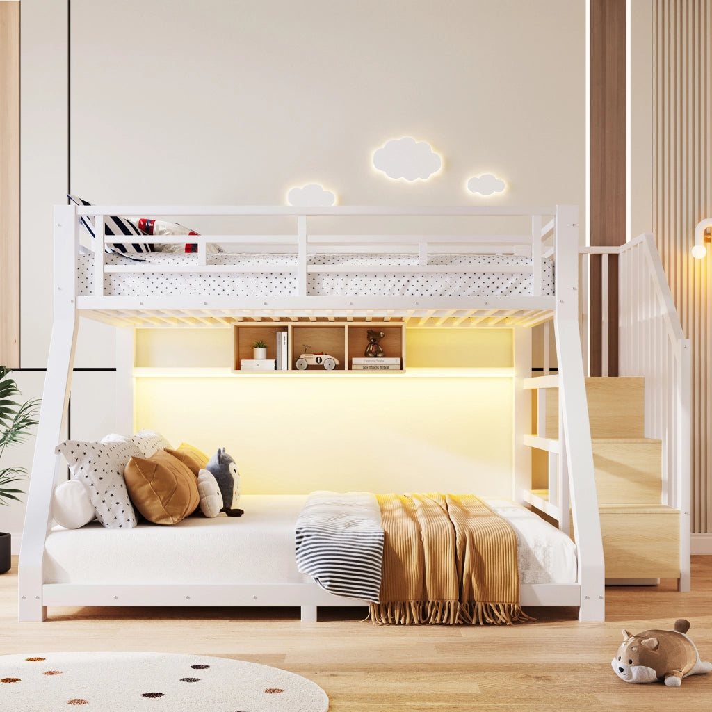 Letto a castello 90 × 200 cm et 140 × 200 cm con 3 scomparti, scale contenitore et LED, senza materasso, in metallo, bianco