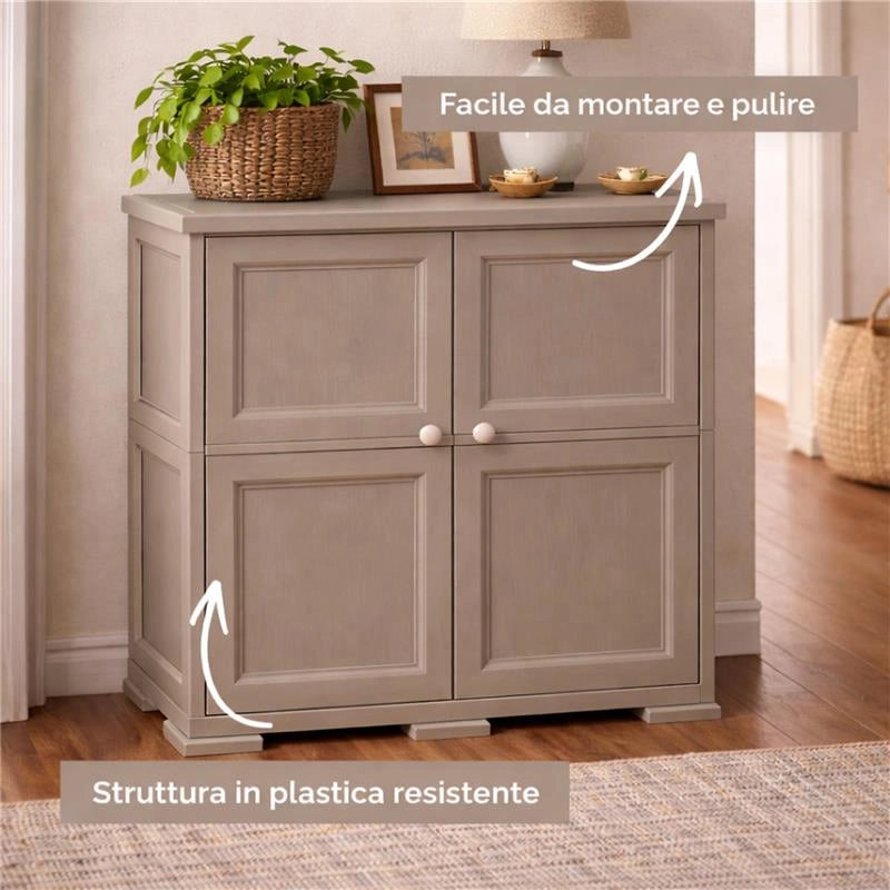 ARMADIO 2 ANTE TAUPE 79X43X85,5 CM CON 4 SCOMPARTI – MOBILE CONTENITORE COMPATTO PER ZONA GIORNO E INGRESSO