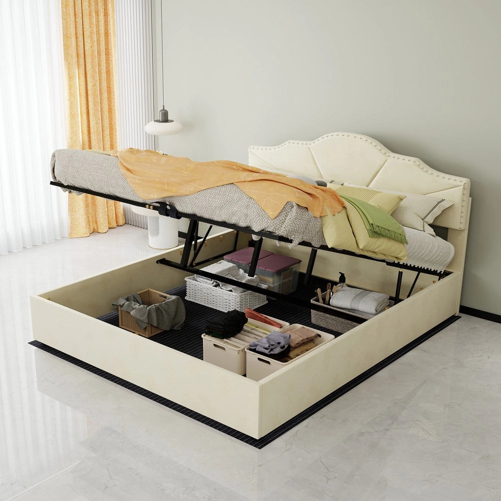 Letto Contenitore Imbottito ¨C MINIMAL ¨C Velluto Beige 160x200 con Idraulico