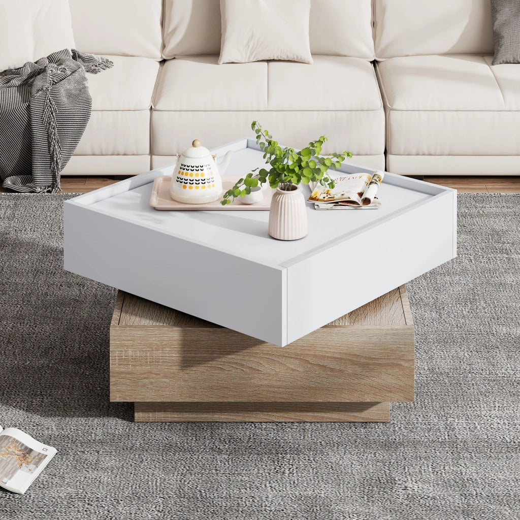 TAVOLINO Rotante 60x60x38 cm Bianco e Noce con 2 cassetti