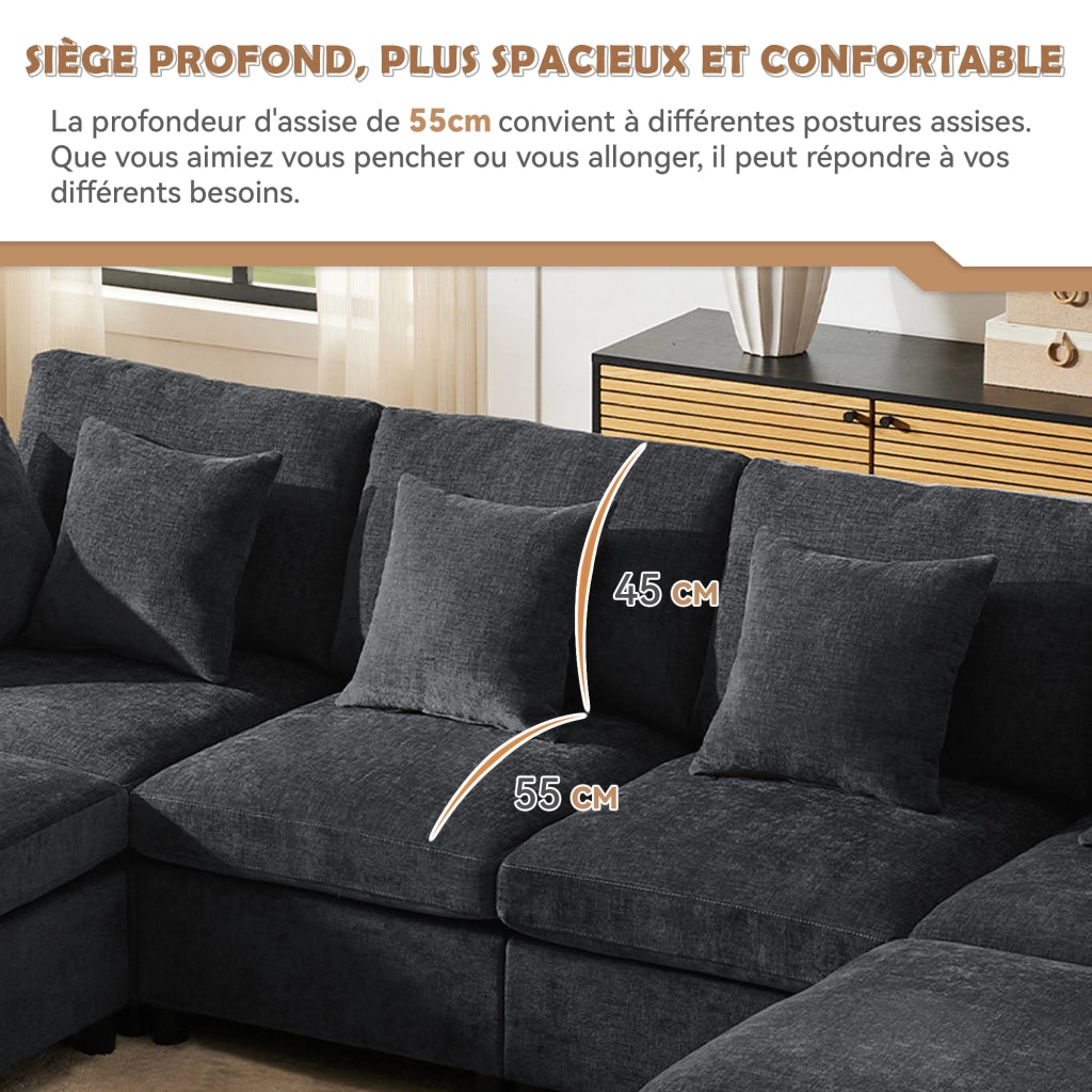 Divano Modulare 4-6 Posti Convertibile a U o L con 2 Pouf e 6 Cuscini, in Ciniglia Grigio