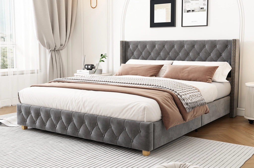 Letto imbottito in velluto grigio 180 x 200 cm con rete e testiera