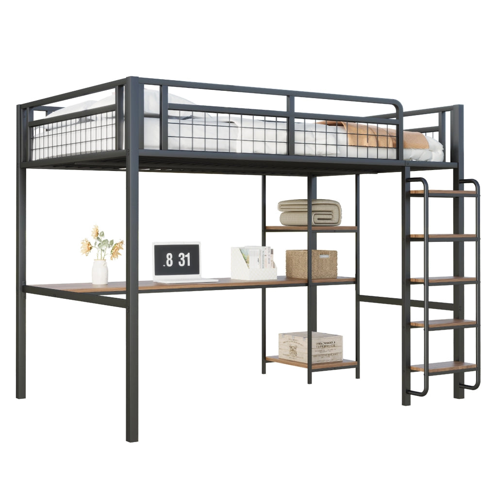 Letto a soppalco in metallo 140x200 cm nero con scala di sicurezza; tavolo e ripiani