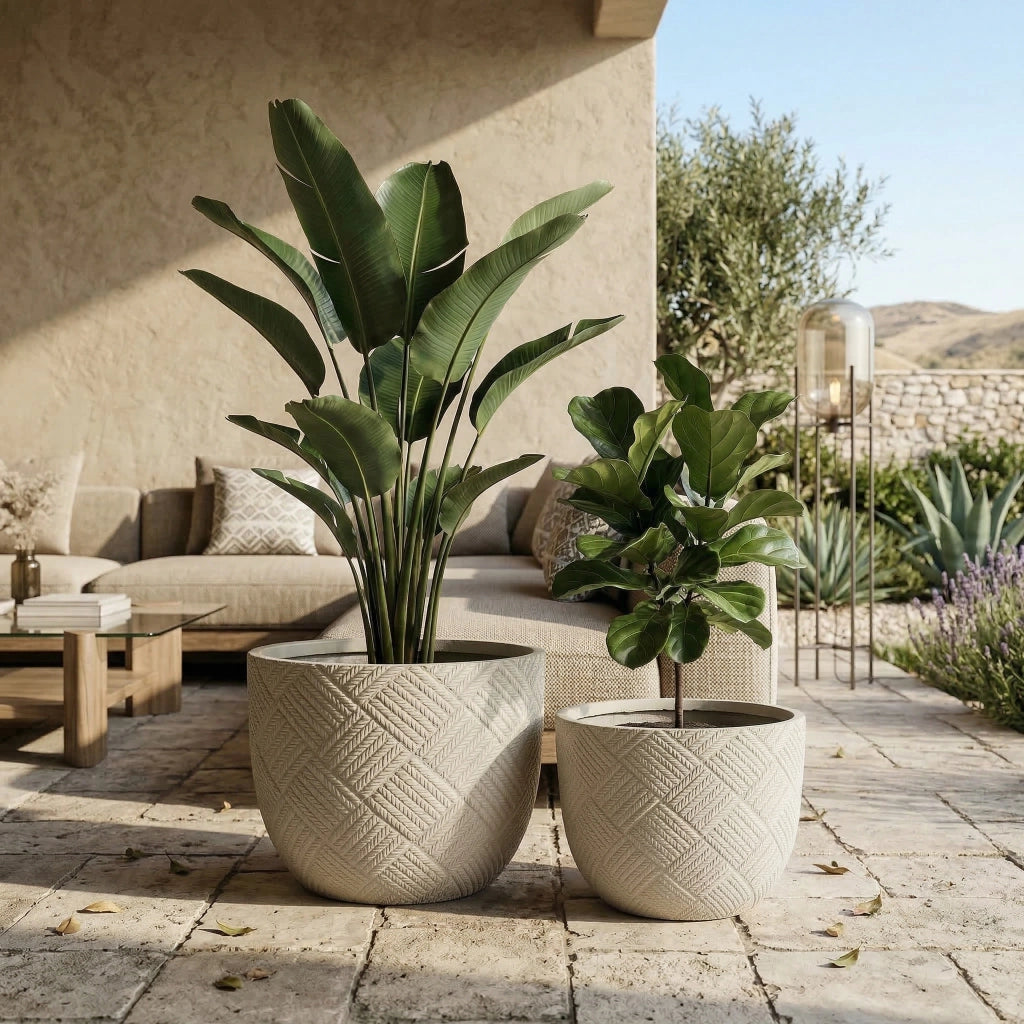 Set 2 Vasi da Giardino Rotondi in Cemento con Foro di Drenaggio ¨C MINIMAL ¨C Grigio, 37x28 cm & 45x35 cm