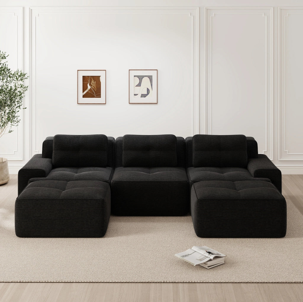 Divano modulare a U 293x177 cm in velluto a coste nero HOMVRA