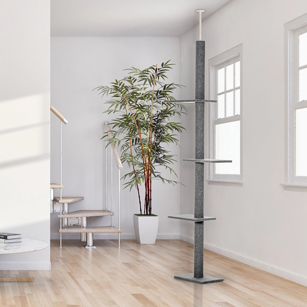 Albero Tiragraffi per Gatti a 4 Livelli con Altezza Regolabile, Grigio, 43x27x228-260cm