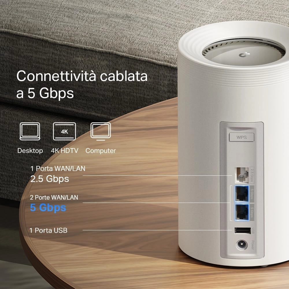 TP-Link WiFi 7 Deco BE65 Pro Router Mesh WiFi, BE 9300Mbps Tri-Band, Canali 320 MHz,2 Porte 5Gbps,Porta 2,5 Gbps, Alexa, HomeShield, MLO, Funziona con Qualsiasi ISP e Modem, 4 Antenne Interne, 1 Pezzo
