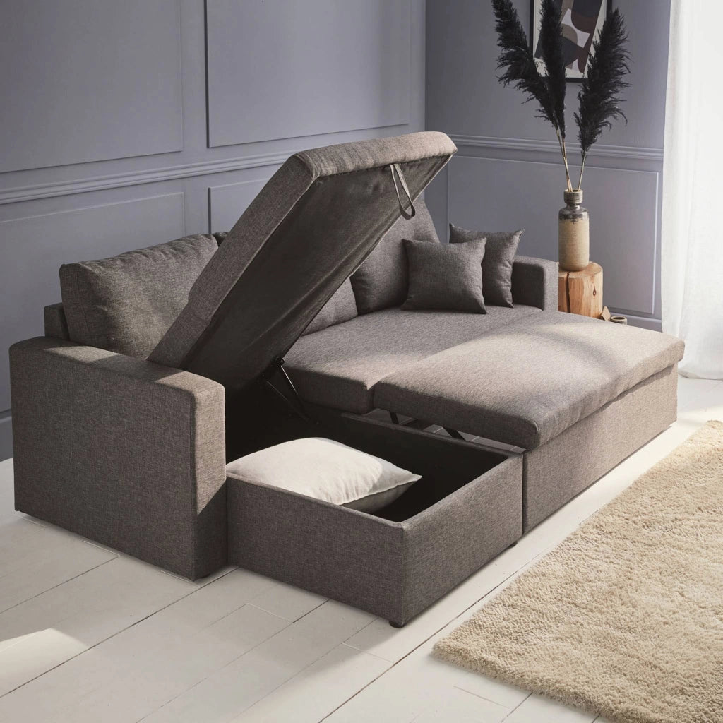 Divano letto angolare reversibile con contenitore, 3 posti, grigio