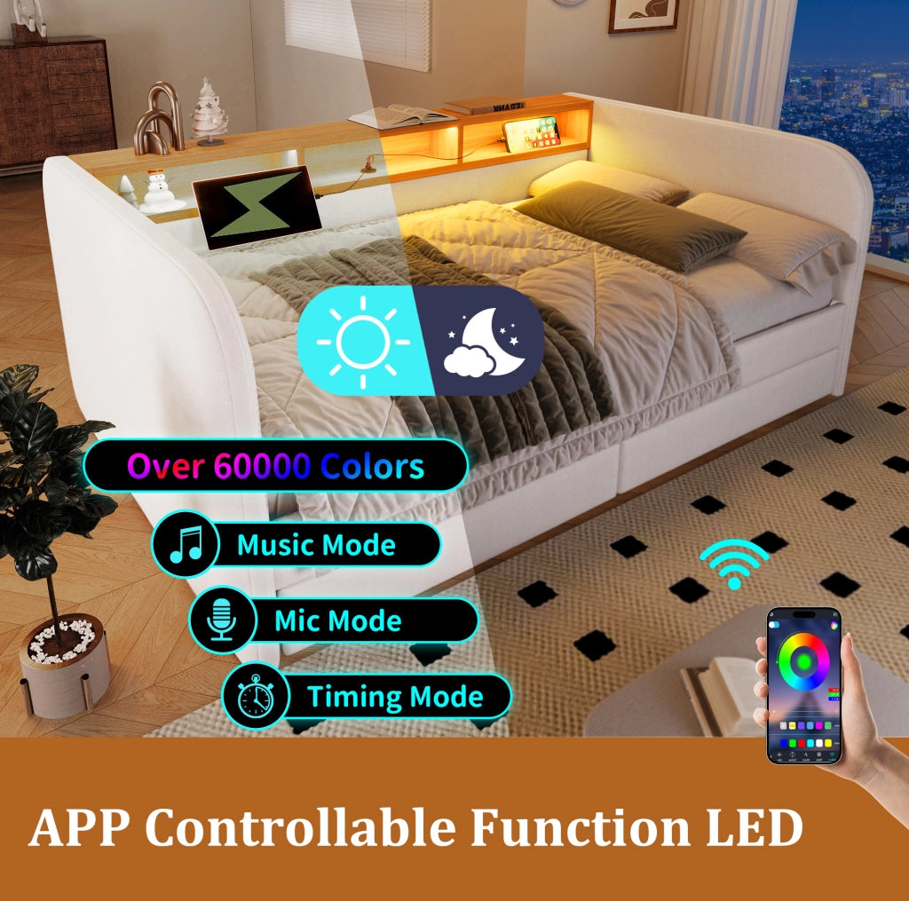 Letto imbottito matrimoniale 140x190 cm con LED; USB-C; 2 cassetti e testiera contenitore