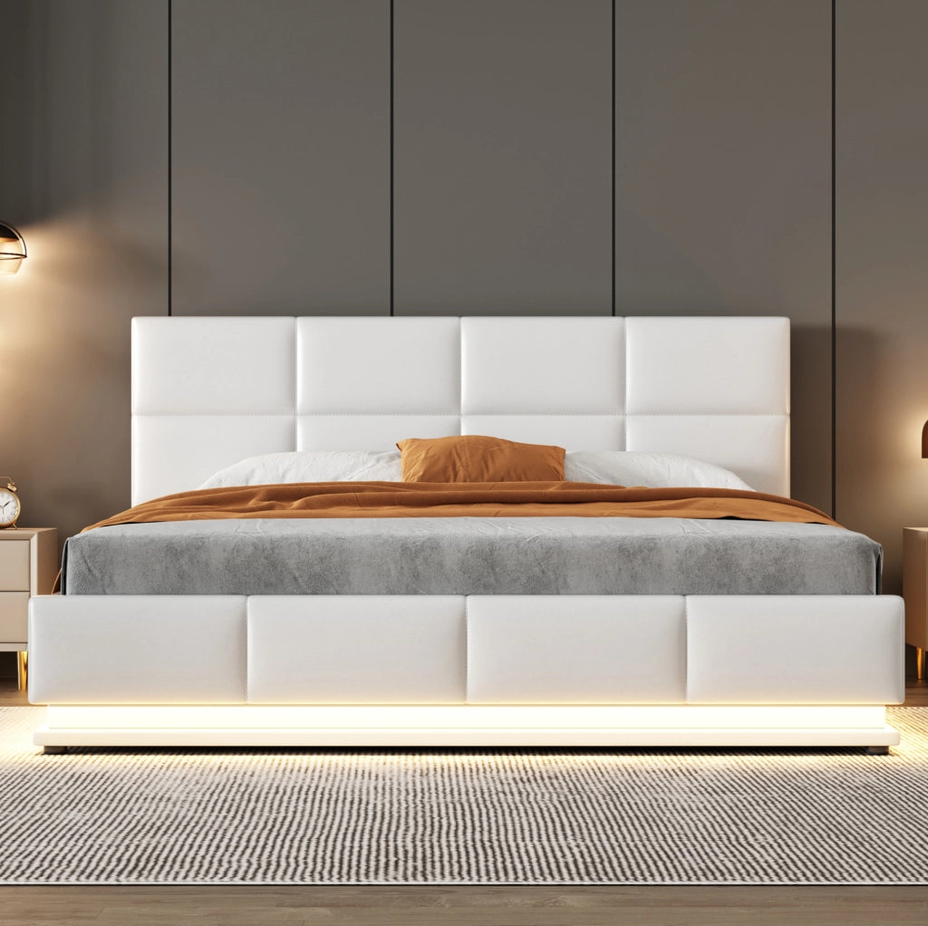Letto matrimoniale imbottito 160x200 cm con LED e vano contenitore