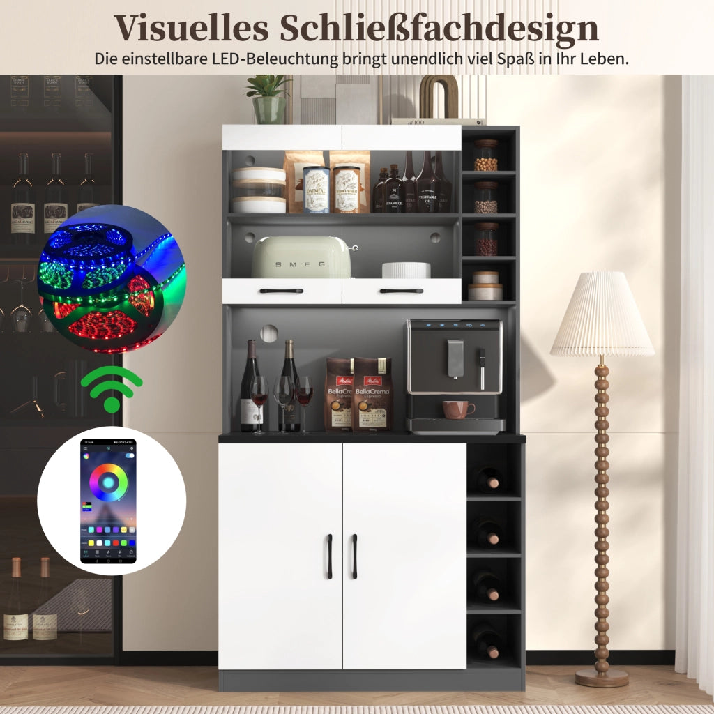 Mobile colonna da cucina con vano per microonde; ripiani regolabili e LED grigio e bianco 100 × 47 × 187 cm