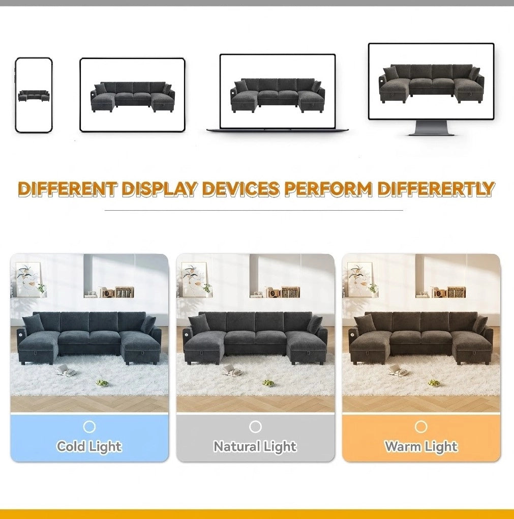 Divano a U ULEVR 279x135x84 cm in ciniglia grigia con 2 chaise longue contenitore, USB e Type-C