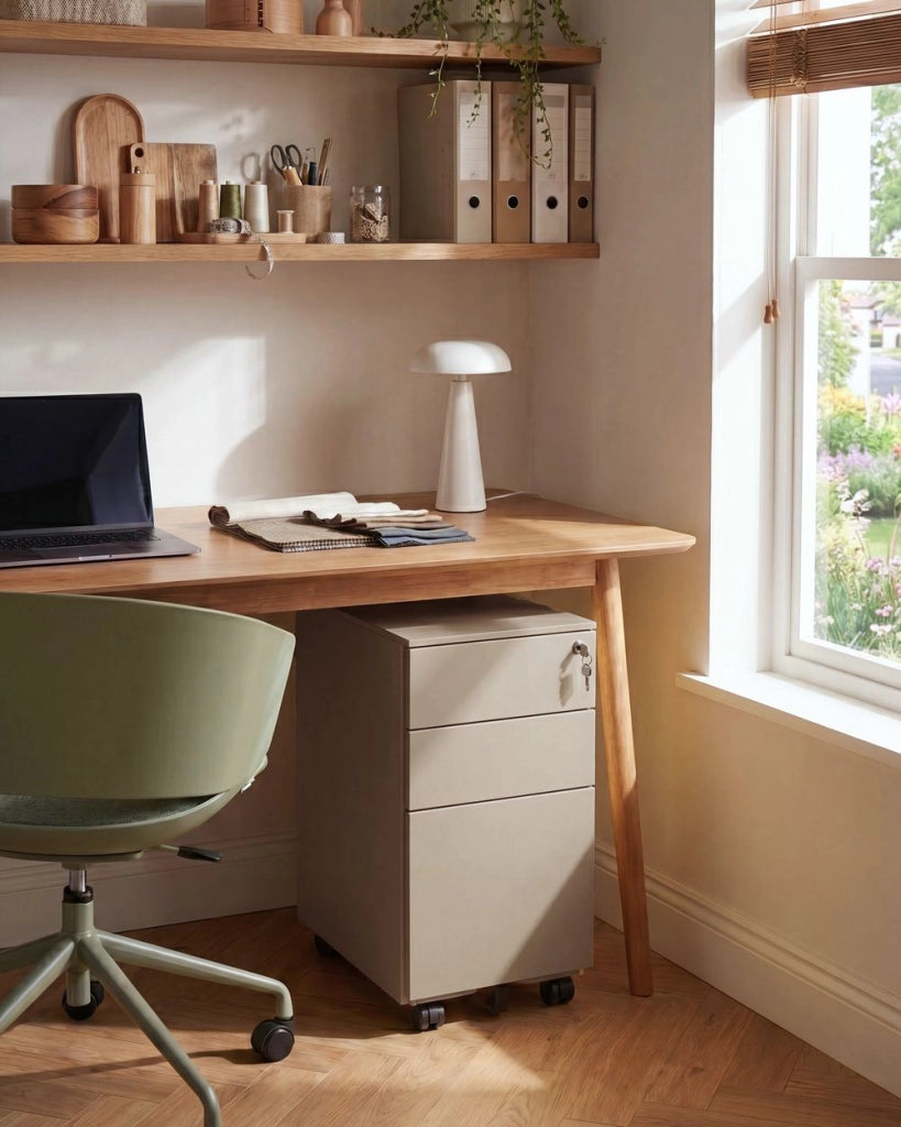 Mobiletto Portaoggetti in Metallo beige con 3 Cassetti con serratura a chiave e ruote industriali moderno Home Office Garage