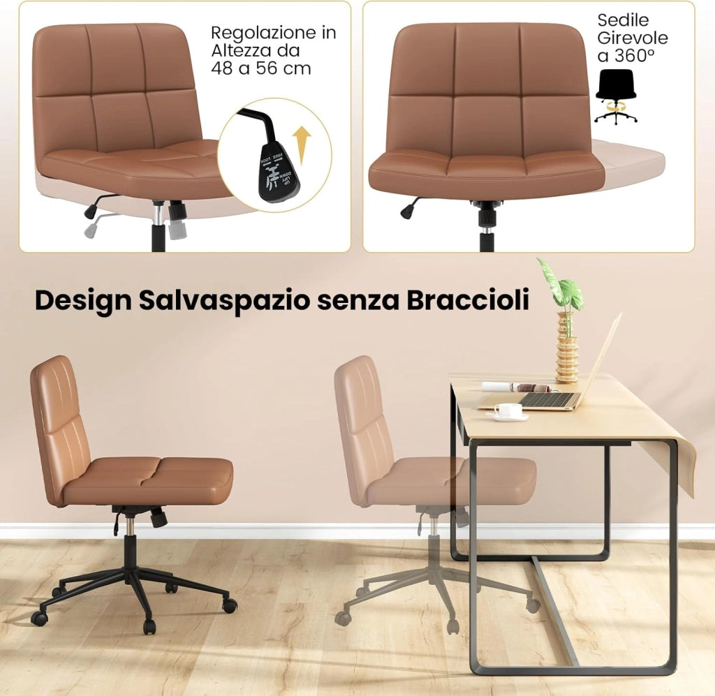 Sedia da Ufficio con Ruote, Sedia Scrivania a Gambe Incrociate Rivestita in Similpelle, Sedia Ufficio con Altezza e Regolabile Regolabile, Sedia senza Braccioli, Portata 150 kg (Marrone)