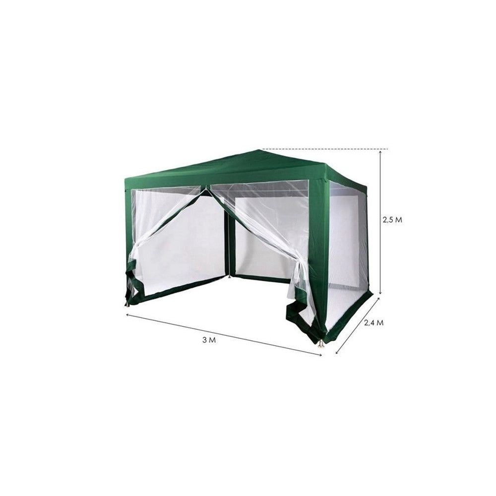 Trade Shop - Gazebo 2,4 X 3 X 2,50 Mt Tendone Giardino Telo Verde Impermeabile Con Zanzariera -