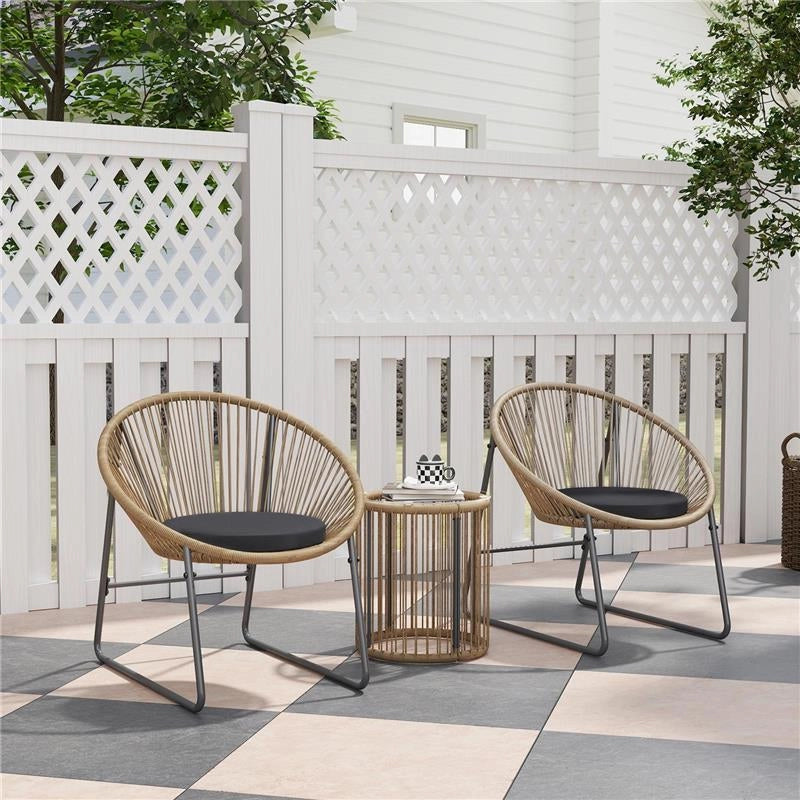 SET DA GIARDINO 3 PEZZI IN RATTAN E ACCIAIO CON 2 SEDIE CON CUSCINI E TAVOLINO DA CAFFÉ A CILINDRO MULTICOLORE