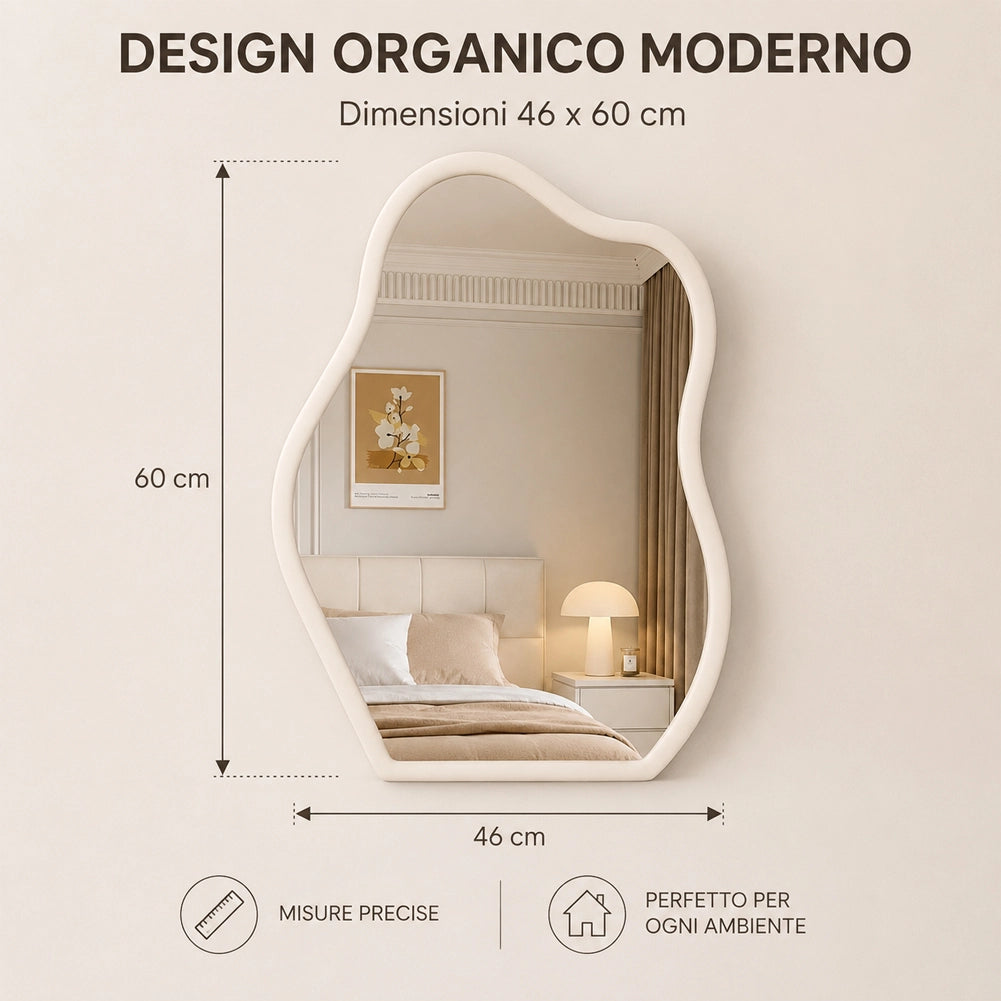 Specchio Asimmetrico da Parete Bianco Cornice Legno Decorazione Interni 46x60 cm