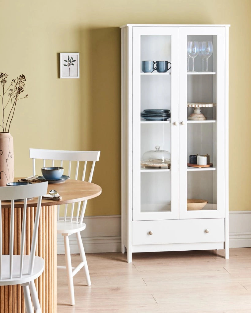 Mobile decorativo in legno massiccio bianco con cassetto espositivo in vetro Classico scandinavo a bordo alto Sala da pranzo Soggiorno