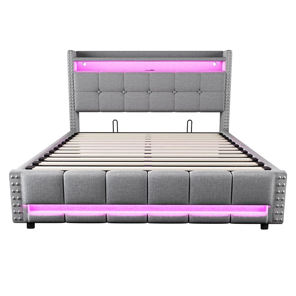 Letto matrimoniale-Xylo-160x200 cm-LED, USB, scaffale, idraulico, lino grigio