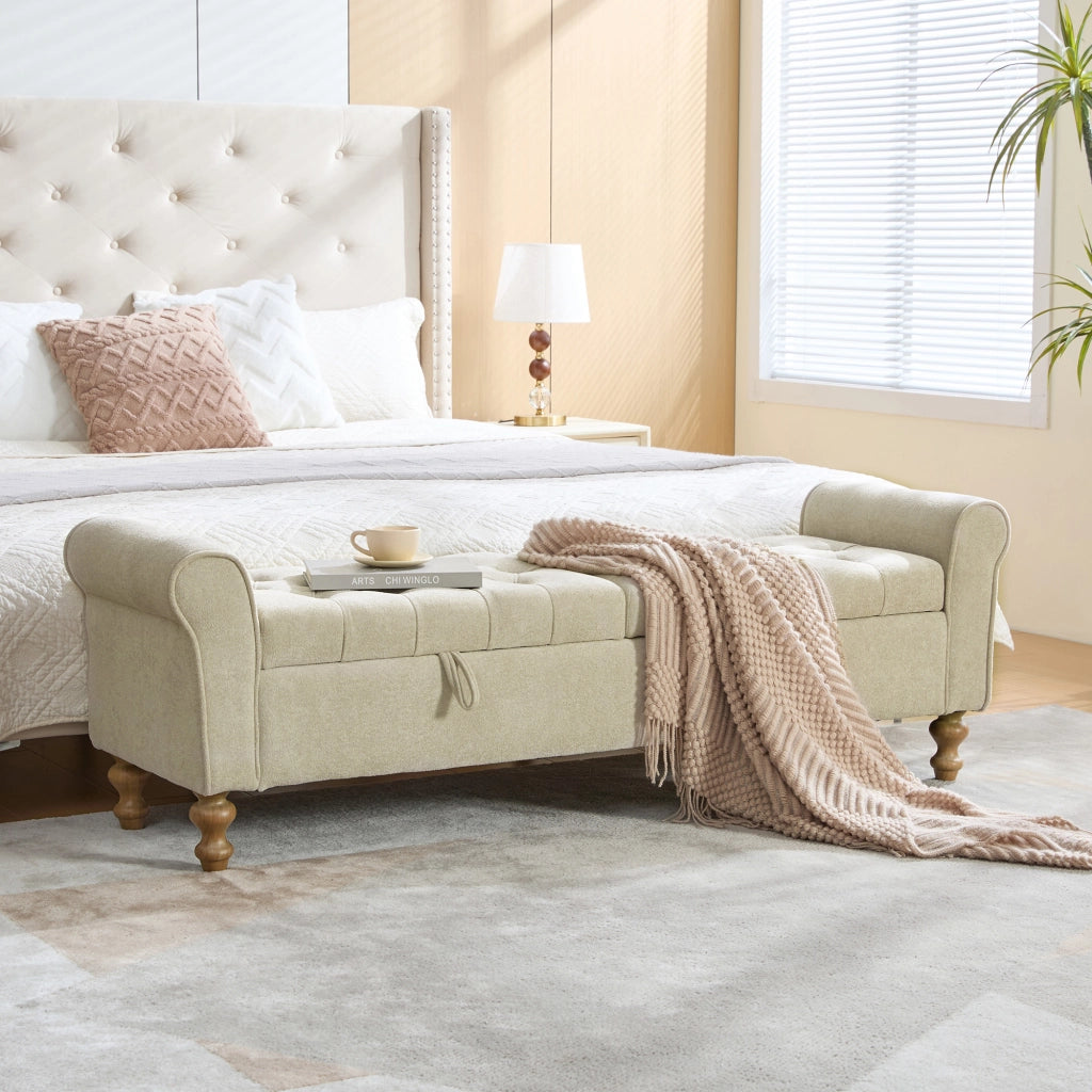 Banca contenitore con doppio coperchio e seduta in chenille con gambe in legno massiccio greige 134,5 × 30,0 × 49,0 cm