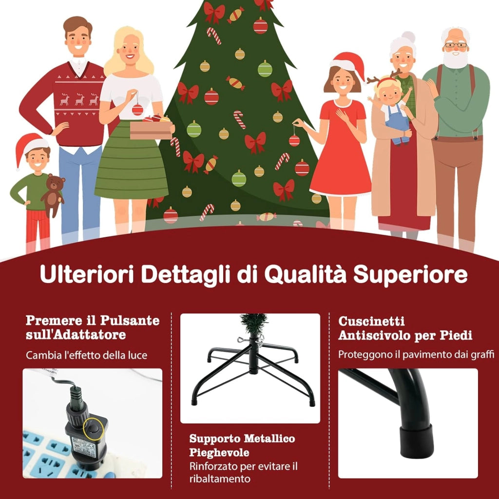 Albero di Natale 136/183/213 cm, Albero di Natale Artificiale Pre-Illuminato con 386/788/1130 Rami in PE e PVC, 180/280/380 Luci a LED Bianco Caldo e 8 Modalità di Illuminazione (183 cm)