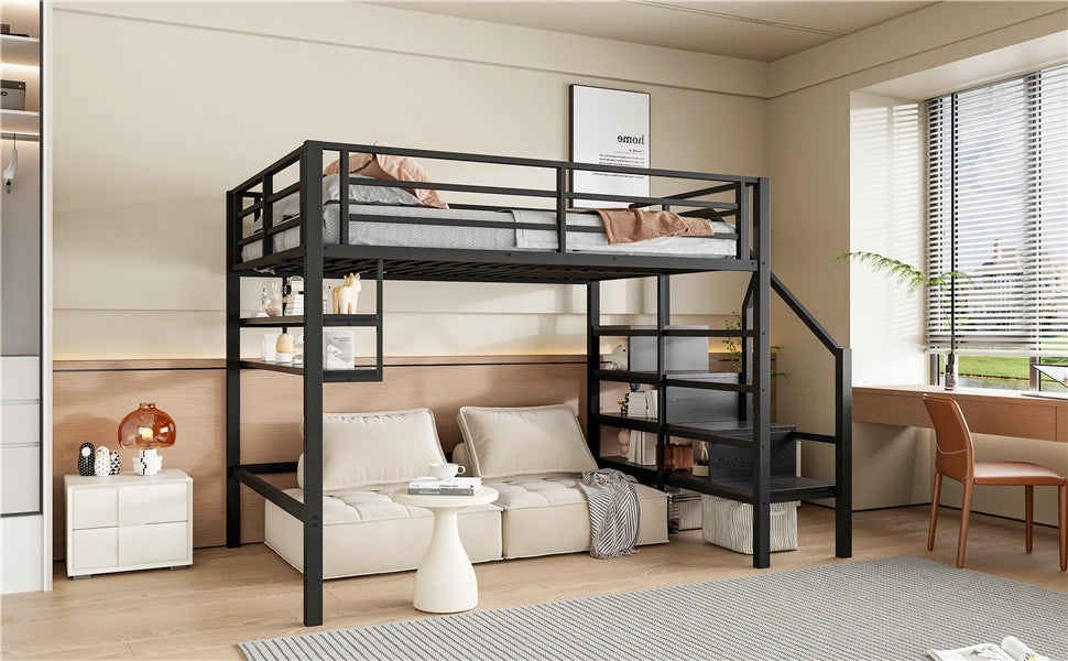 DESMIU Letto a soppalco per bambini 140 × 200 cm 2 posti con ripiani, scala contenitore e barriera, senza materasso, nero