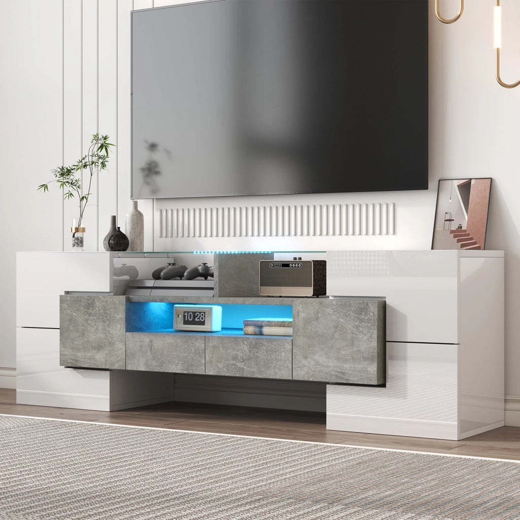 Mobile TV moderno bianco lucido con LED, 145 cm, 6 ante, 2 cassetti e 3 vani