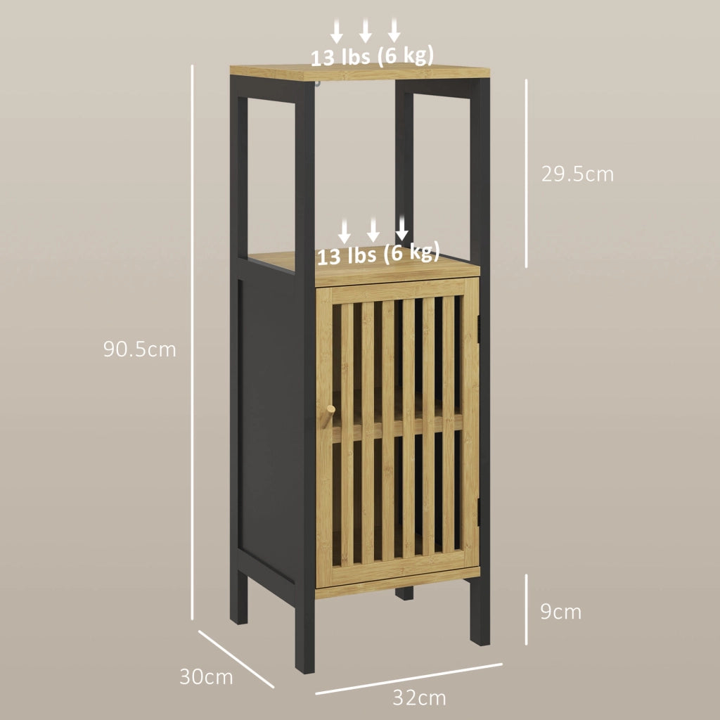 Mobiletto Bagno con Ripiano Aperto e Armadietto, in MDF e Bamb¨´, 32x30x90.5 cm, Nero e color Legno