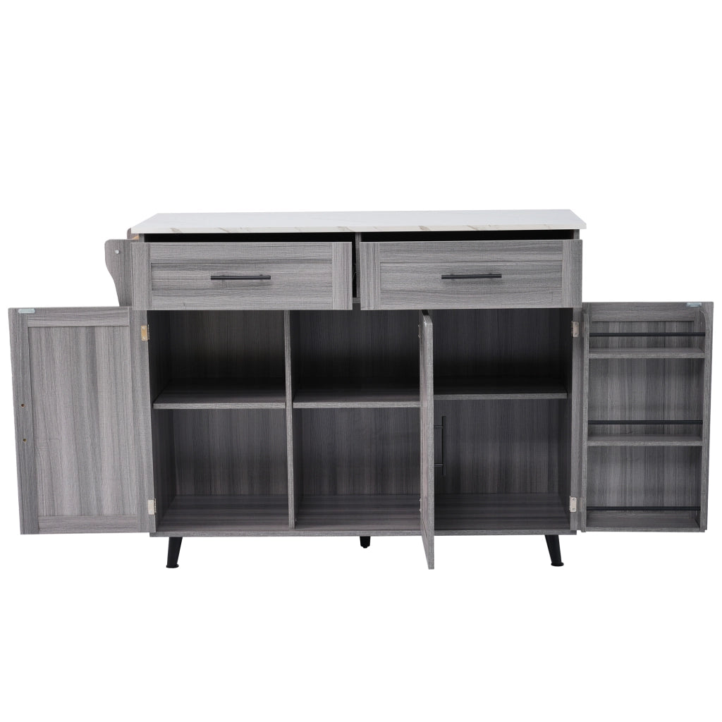 Isola da Cucina Mobile 129x46/71x91;5 cm Grigio con Piano Effetto Marmo; 2 Cassetti; Ripiani e Ruote