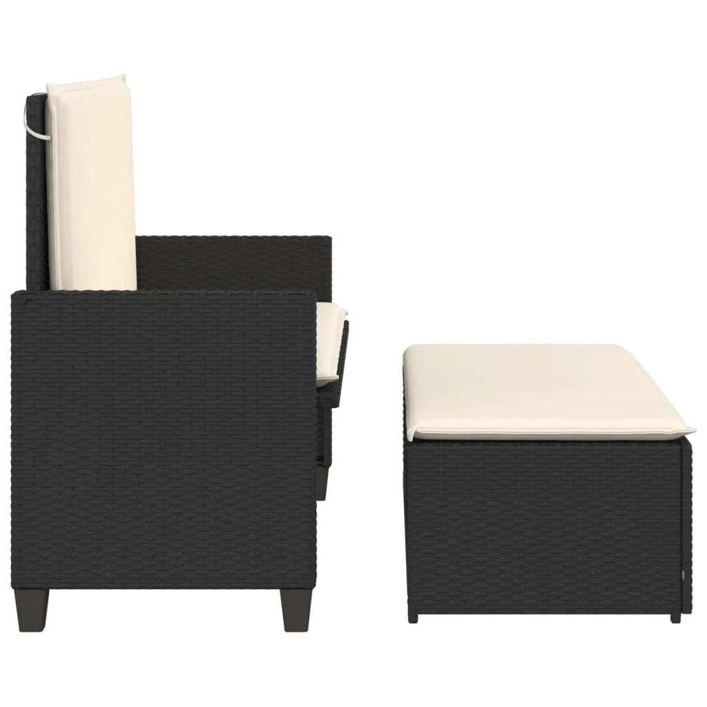 Panca da Giardino con Cuscini e Poggiapiedi-Sgabello-Panca da esterno Nera in Polyrattan