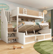 Letto a castello con scala contenitore 90x200 e 140x200 cm in legno bianco e naturale