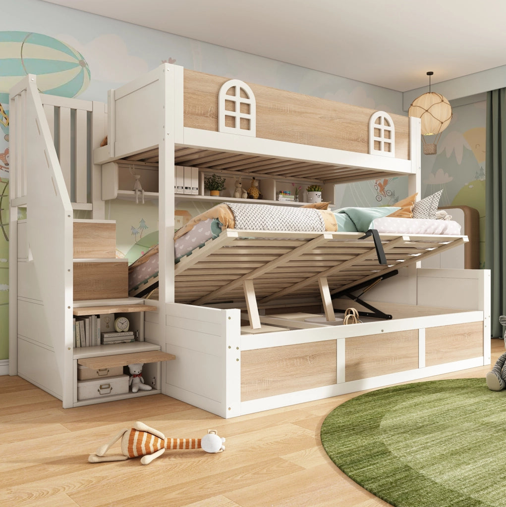 Letto a castello con scala contenitore 90x200 e 140x200 cm in legno bianco e naturale