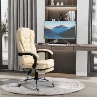 Poltrona Presidenziale in Similpelle Bianca con Schienale Reclinabile 145° e Poggiapiedi, 64.5x69x109-117 cm