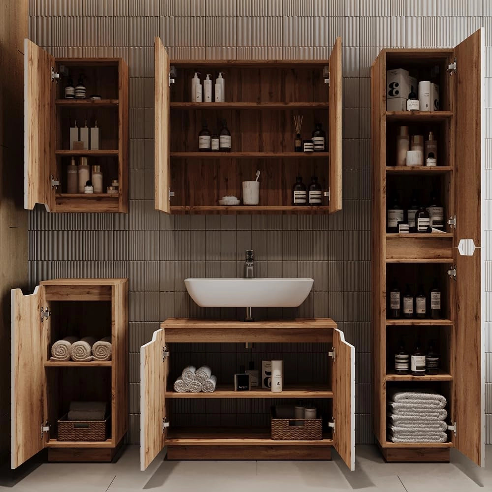 Set di mobili da bagno Lotta, Rovere/bianco con struttura in piastrelle, 2 parti