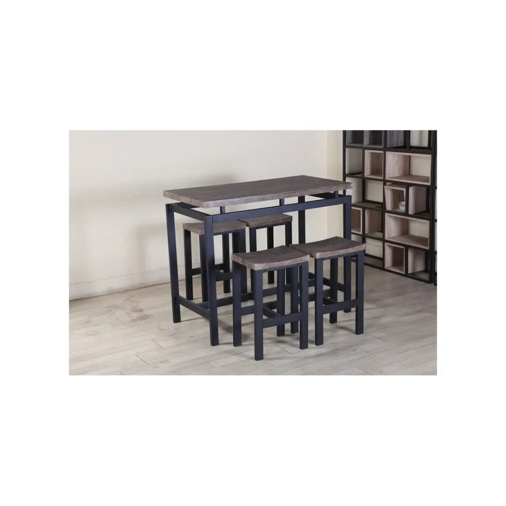 Set tavolo alto, bar + 4 sgabelli NIMES. Set moderno stile industriale, legno e metallo.