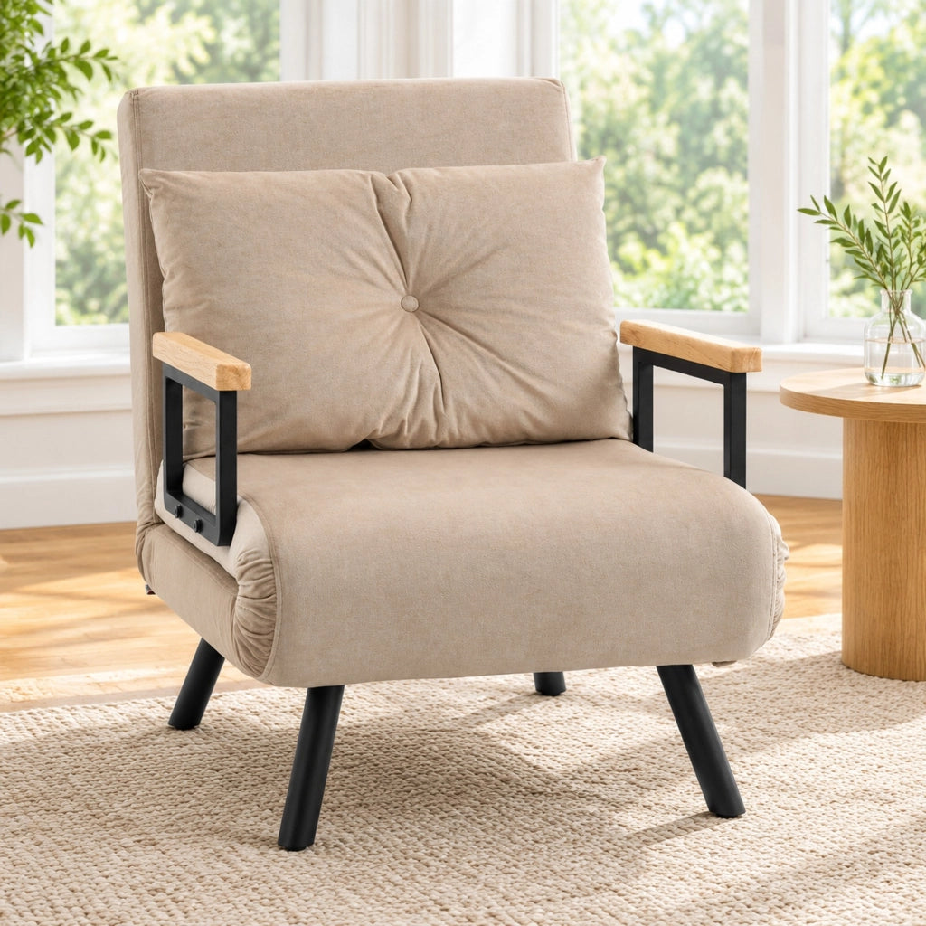 Poltrona letto beige in tessuto effetto velluto reclinabile