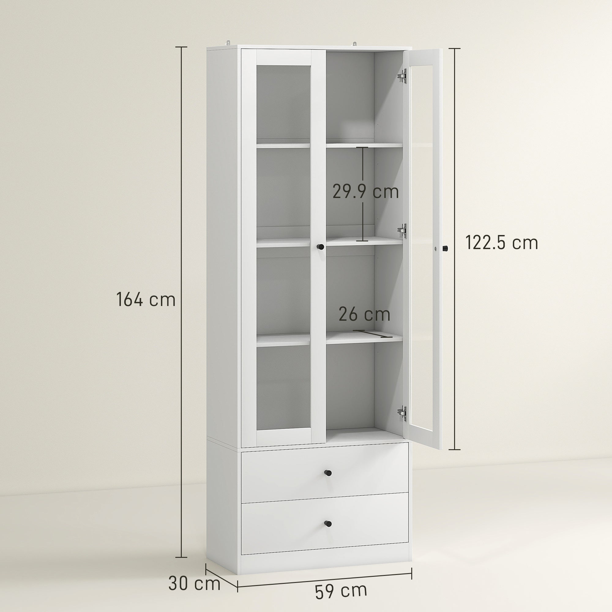 Credenza Cucina 59x30x164 cm Ante in Vetro e 2 Cassetti Bianco