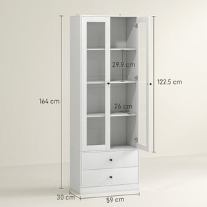 Credenza Cucina 59x30x164 cm Ante in Vetro e 2 Cassetti Bianco