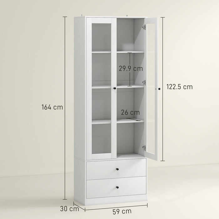 Credenza Cucina 59x30x164 cm Ante in Vetro e 2 Cassetti Bianco
