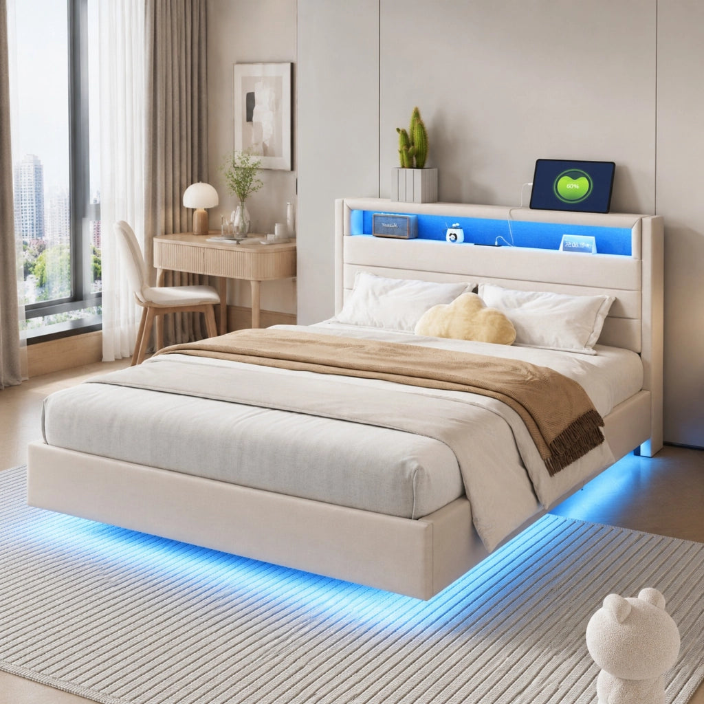 Letto matrimoniale imbottito 140x200 cm con USB e luci LED; testiera ribaltabile; beige