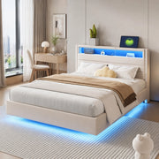 Letto matrimoniale imbottito 140x200 cm con USB e luci LED; testiera ribaltabile; beige