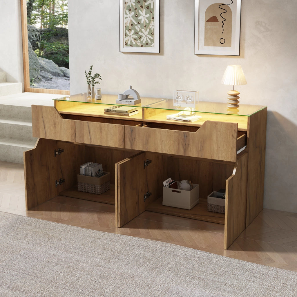 Credenza con 2 cassetti; piano in vetro temperato e LED per soggiorno e sala da pranzo; 140×40×70 cm