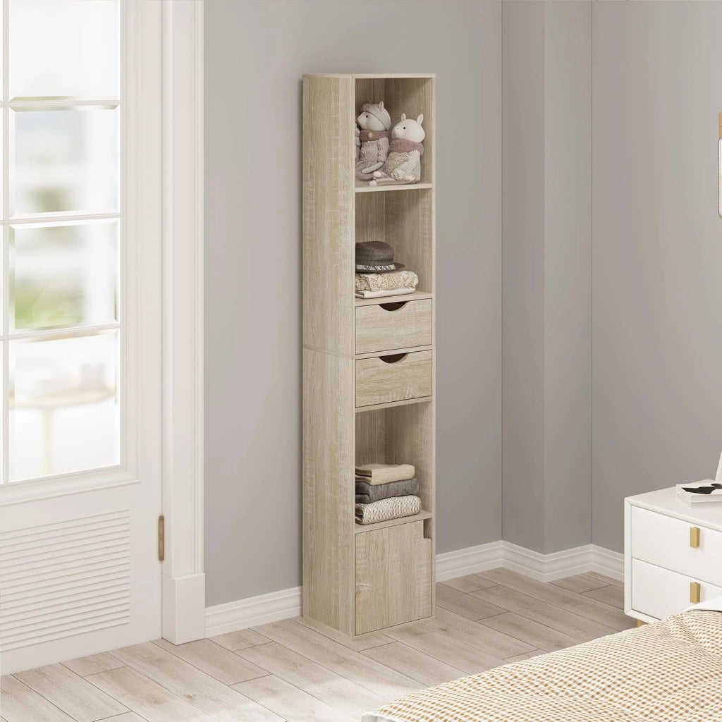 Libreria Scaffale Moderna in Legno, Libreria Verticale con 3 Vani Aperti, 2 Cassetti e 1 Armadietto, Mobile Portaoggetti Portalibri da Terra con Ripiano Regolabile, Legno Chiaro, 30x24x158cm