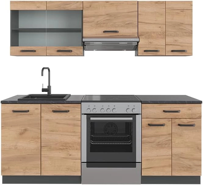 Cucina componibile R-Line, Quercia dorata/antracite, 200 cm, PL Antracite, adatto per l'espansione individuale con moduli aggiuntivi