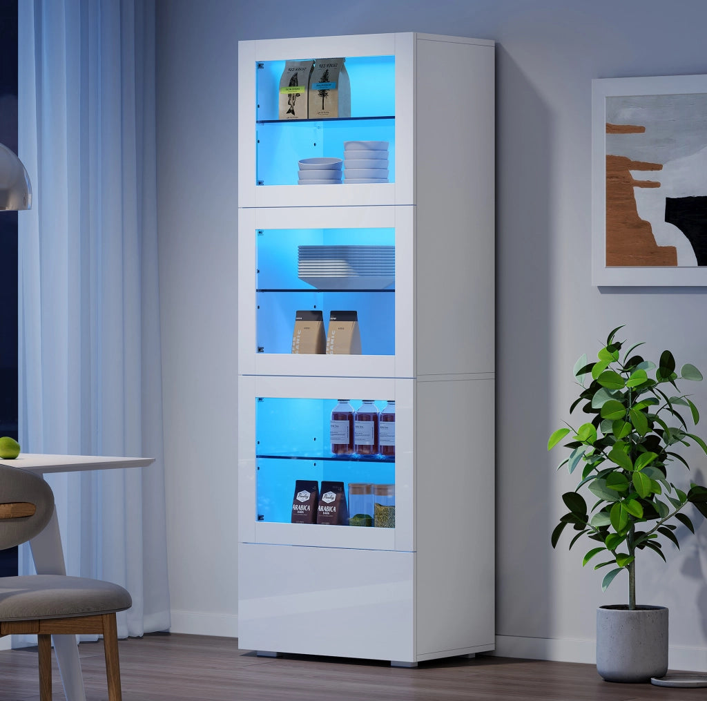 Vetrina alta LED bianca 60x40x173 cm con 3 ante e cassetto