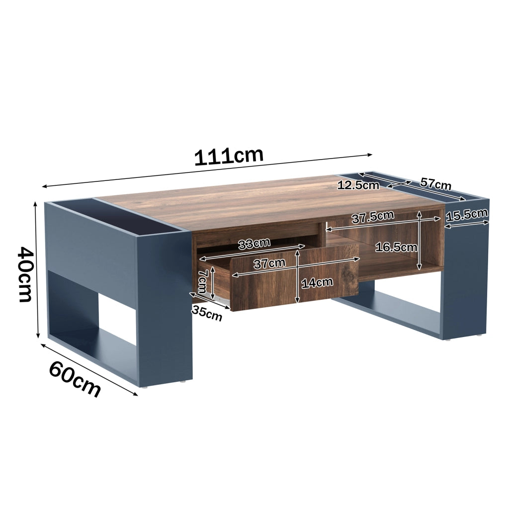 Tavolino da Caffè con 1 Cassetto senza Maniglia; 3 Vani e Contenimento su Due Lati; Stile Moderno; in Pannello Truciolare; 111×60×40 cm; Nero Grigio