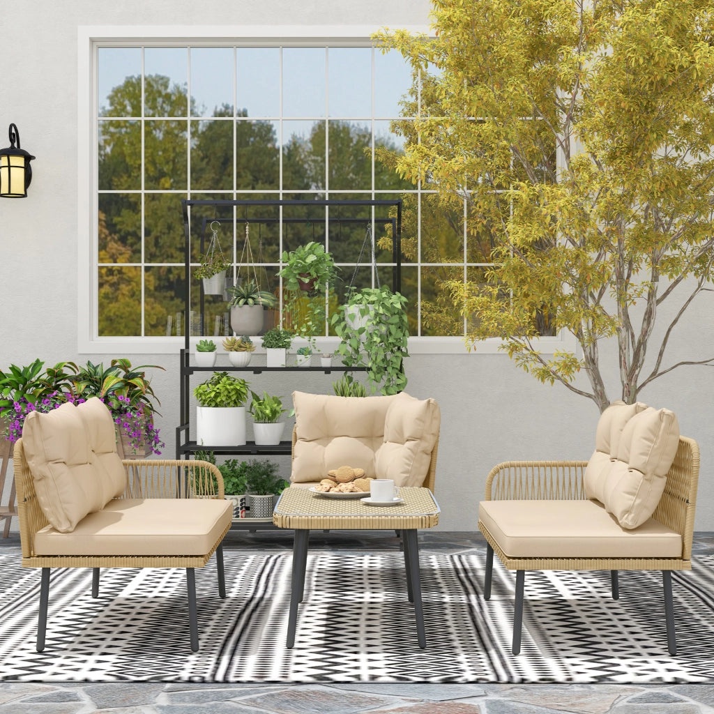 Set Salotto da Giardino 2 Divani Poltrona Angolare e Tavolino in Vetro in Rattan Colore Legno