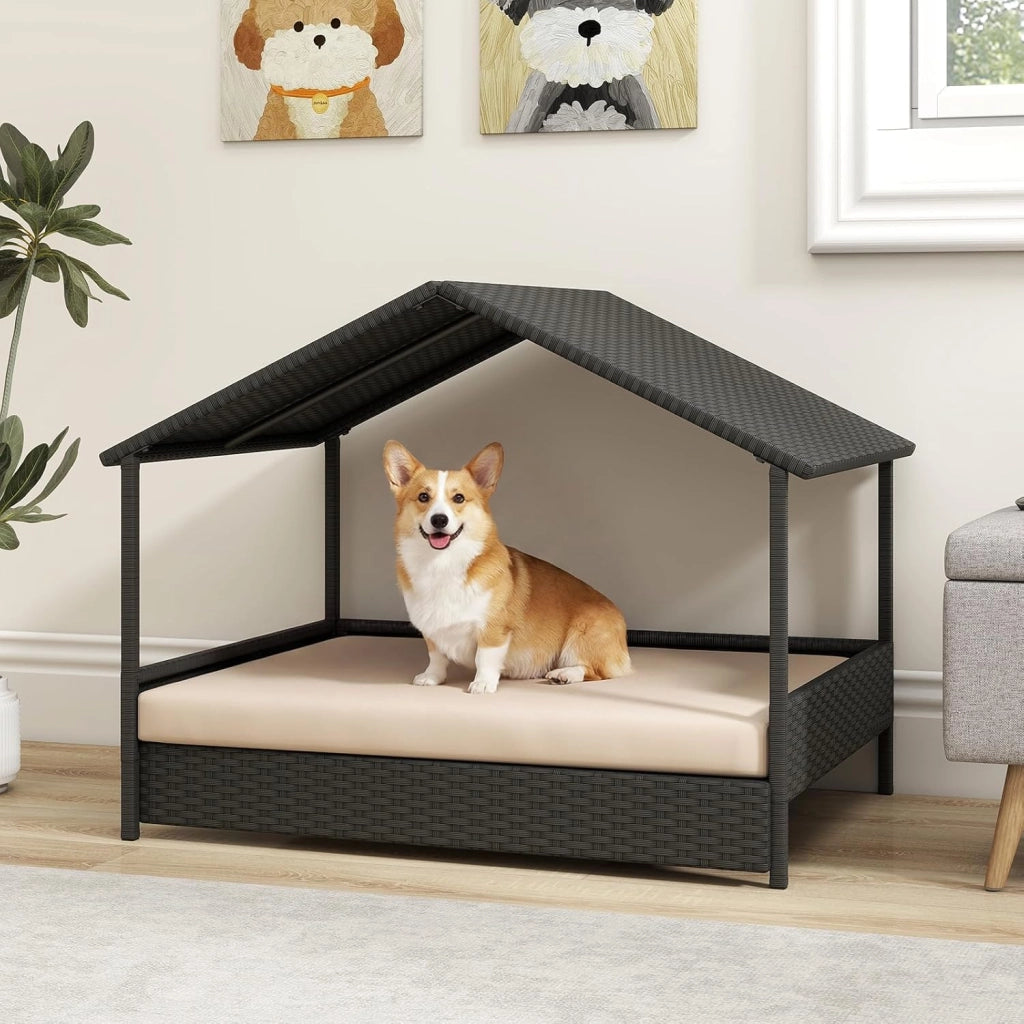Casetta per Cani da Esterno e Interno, Letto Rialzato in Rattan con Struttura in Metallo, Tetto Impermeabile e Cuscino Rimovibile, per Cani di Taglia Piccola e Media fino a 60 KG (Beige)
