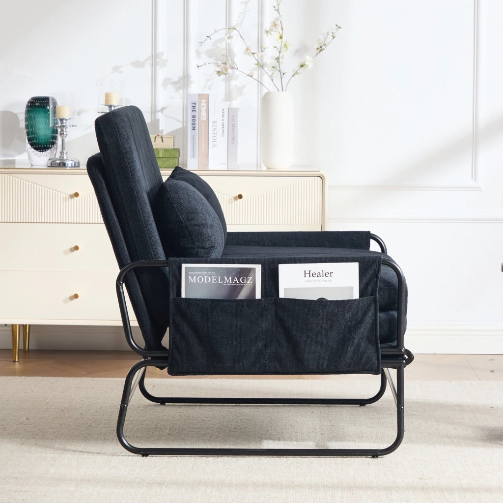 Divano letto a 2 posti convertibile in chenille nero con struttura in metallo; 104x85x92 cm