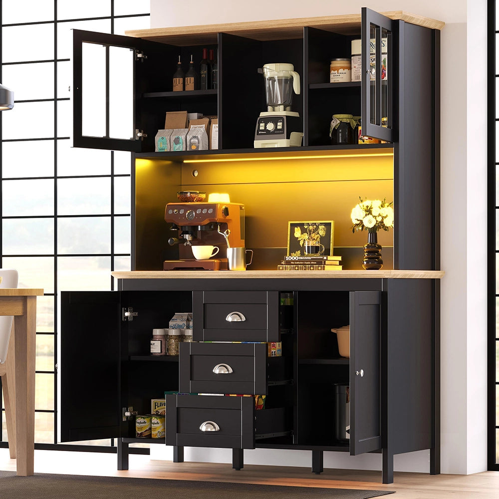 Armadio da cucina con illuminazione LED - Xylo - 120x40x179 cm - Bianco/Nero - 4 porte e 3 cassetti